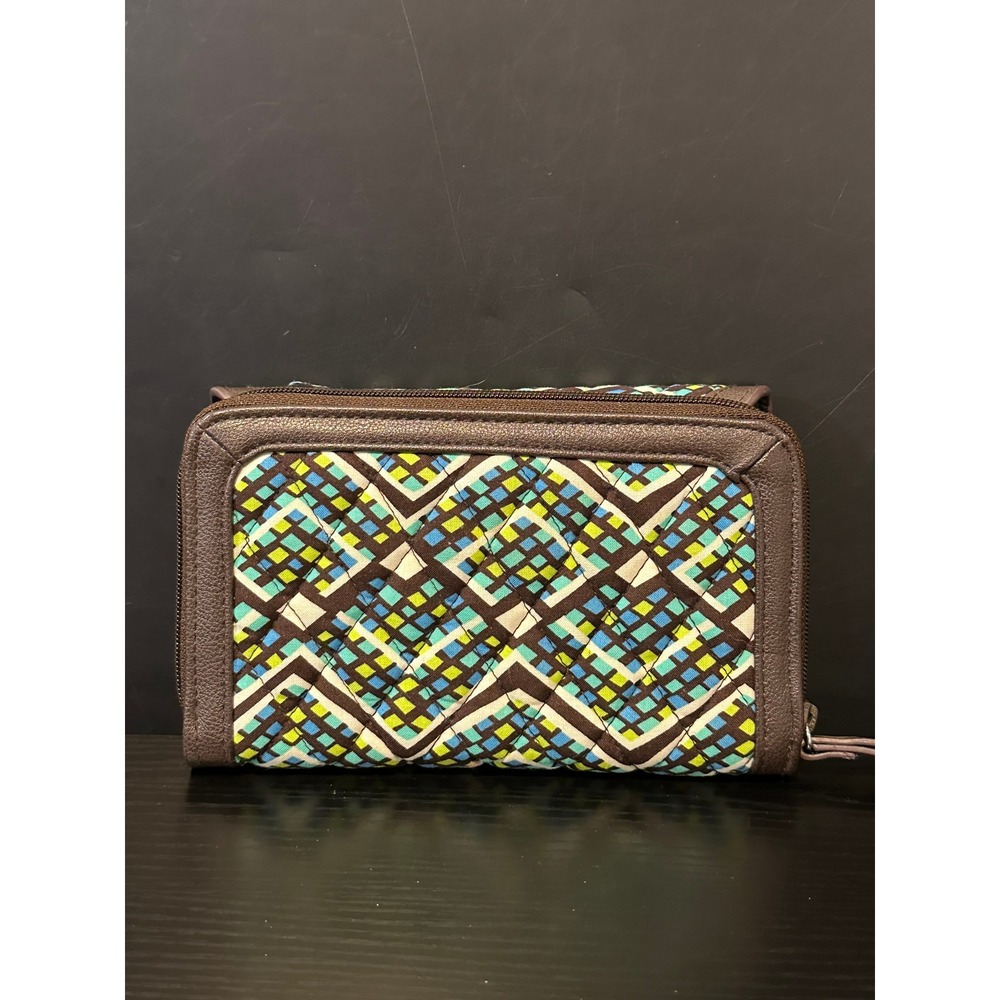 Vera Bradley All In One‎  Wallet Wristlet Geometric Quilted Brown Blue - Picture 2 of 6